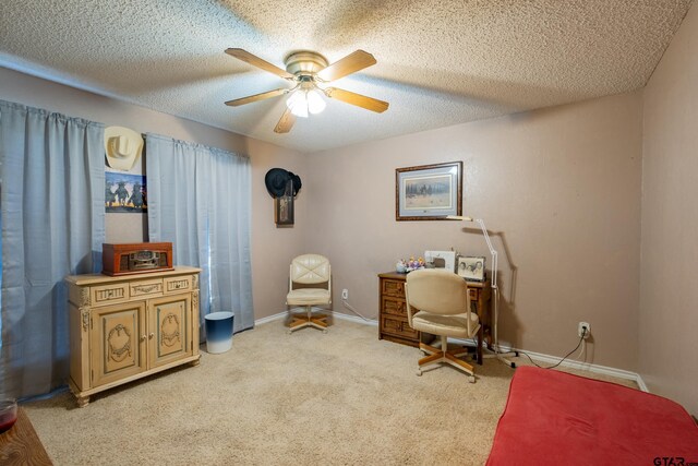 1511 Dolly Ln, Hideaway, TX 75771 - home office featuring ceiling fan, light carpet, and a textured ceiling
