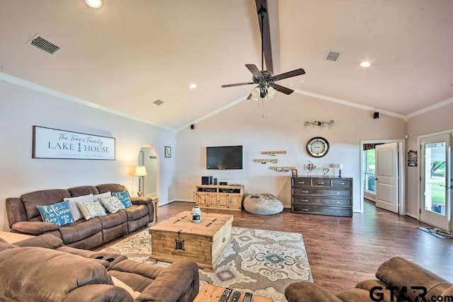 living room featuring ornamental molding, dark hardwood / wood-style floors, high vaulted ceiling, beamed ceiling, and ceiling fan