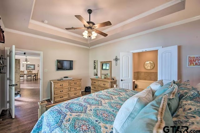 bedroom with ceiling fan, dark hardwood / wood-style floors, a raised ceiling, and crown molding