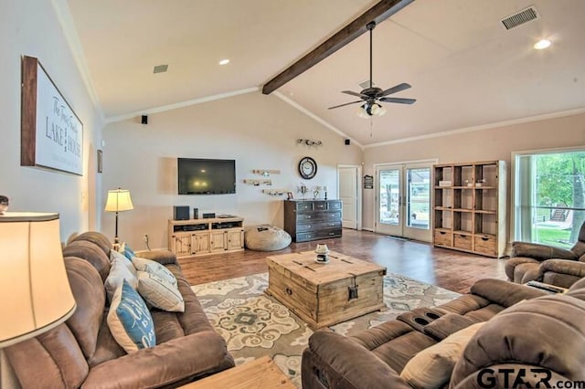 living room with wood-type flooring, crown molding, high vaulted ceiling, beamed ceiling, and ceiling fan