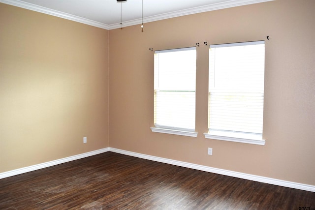 empty room with dark hardwood / wood-style floors and crown molding