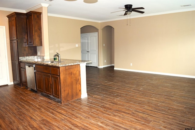 kitchen with dishwasher, ornamental molding, dark wood-type flooring, and sink