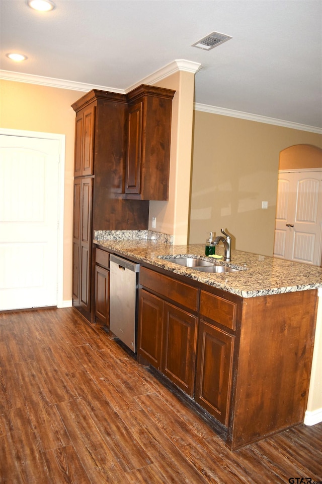 kitchen with crown molding, dark hardwood / wood-style flooring, sink, stainless steel dishwasher, and kitchen peninsula