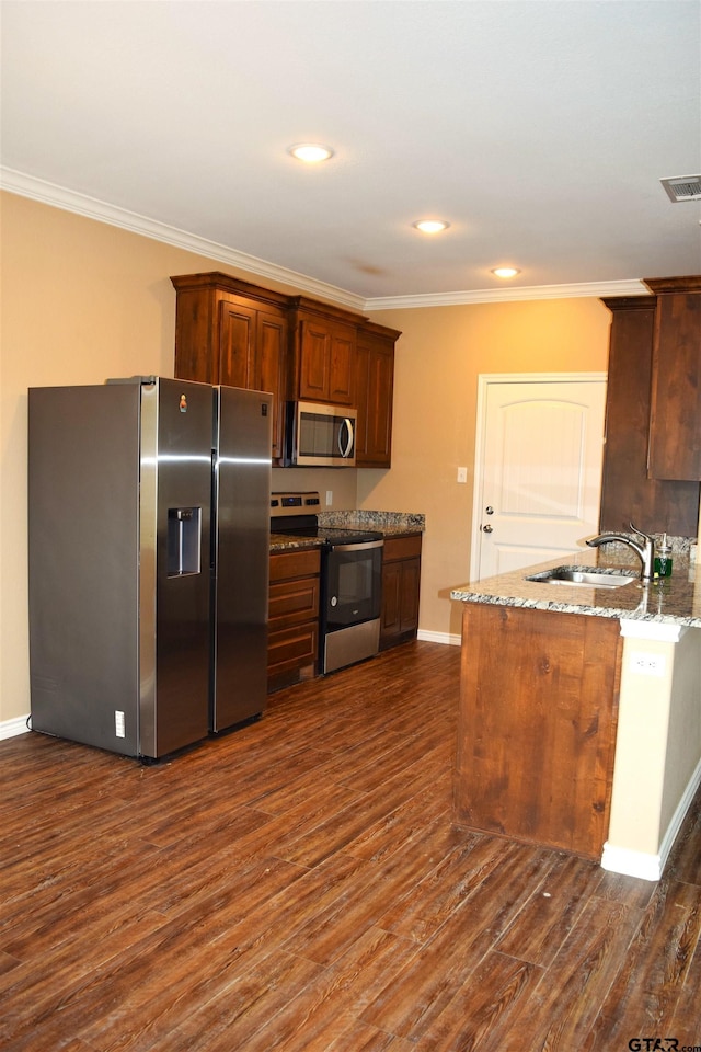 kitchen with dark hardwood / wood-style flooring, light stone countertops, sink, and stainless steel appliances