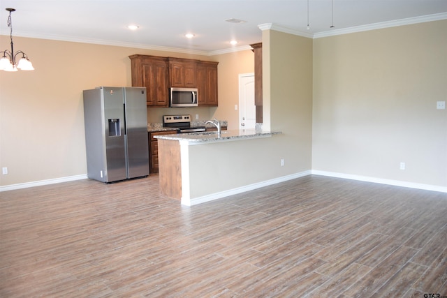 kitchen with stainless steel appliances, hanging light fixtures, light hardwood / wood-style flooring, and light stone counters