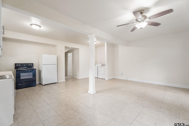 1910 E Lake St, Tyler, TX 75701 - unfurnished living room featuring washer and dryer, a ceiling fan, and light tile patterned flooring