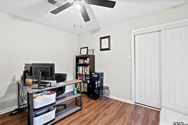 office area featuring wood finished floors, visible vents, a ceiling fan, and baseboards