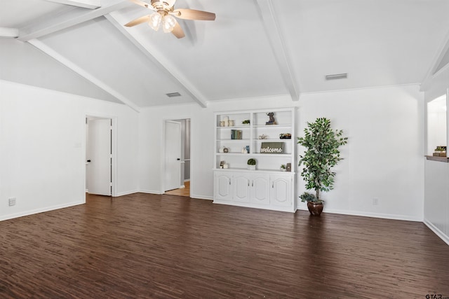 unfurnished living room featuring lofted ceiling with beams, dark hardwood / wood-style floors, and ceiling fan