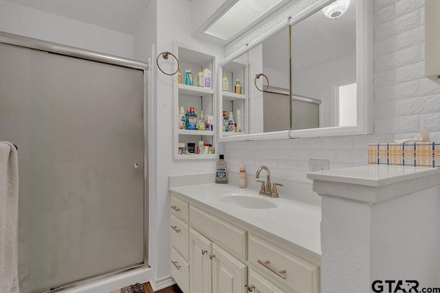 226 Circle Ridge Dr, Gilmer, TX 75645 - bathroom with decorative backsplash, a shower stall, and vanity