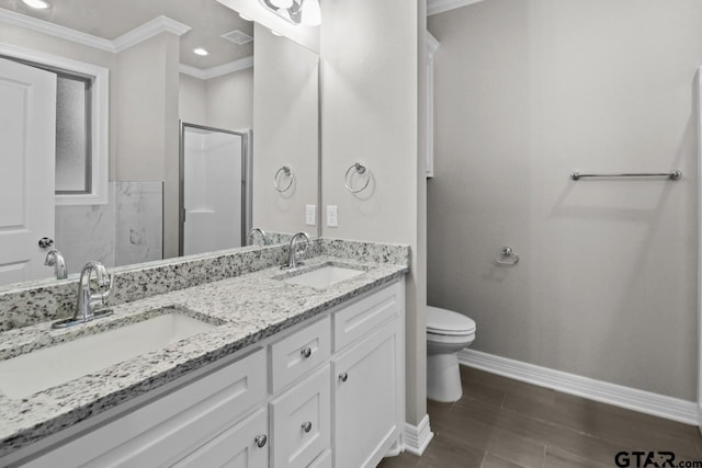 bathroom featuring walk in shower, ornamental molding, vanity, hardwood / wood-style flooring, and toilet