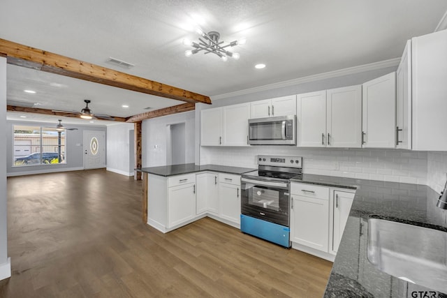 kitchen featuring sink, kitchen peninsula, white cabinets, and appliances with stainless steel finishes