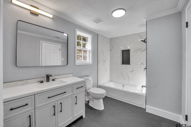 full bathroom with vanity, ornamental molding, shower / bathtub combination, and toilet