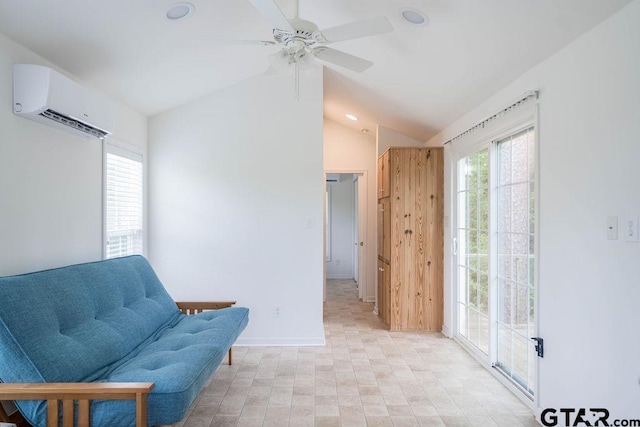 living area with recessed lighting, a ceiling fan, a wall mounted AC, and vaulted ceiling