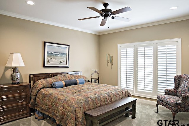 bedroom featuring recessed lighting, ornamental molding, and carpet flooring