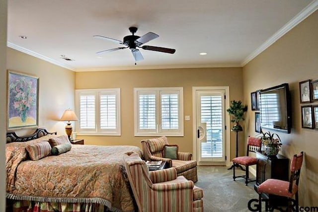 bedroom featuring access to outside, multiple windows, carpet, and ornamental molding