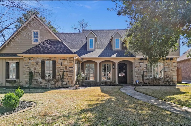 view of front of home with a shingled roof, stone siding, and a front lawn