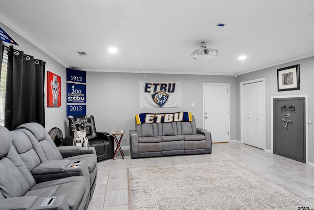 living room with ornamental molding