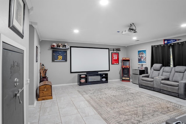 home theater room with crown molding