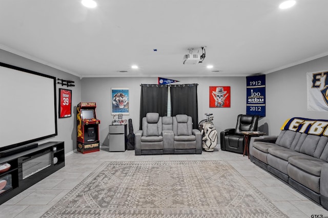 cinema room featuring crown molding