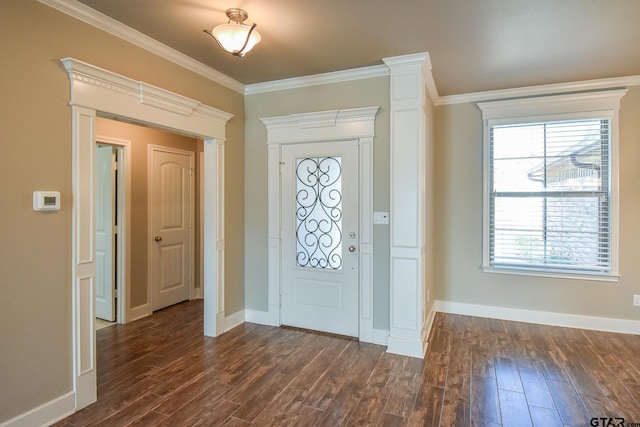 entryway with crown molding and dark wood-type flooring