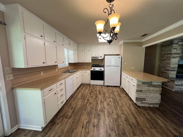 117 Harvey St, Rusk, TX 75785 - kitchen with white appliances, under cabinet range hood, dark wood-type flooring, ornamental molding, and a peninsula