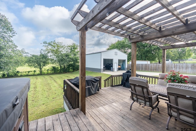 15348 C R 169, Tyler, TX 75703 - deck featuring a fenced backyard, a pergola, a grill, and an outbuilding
