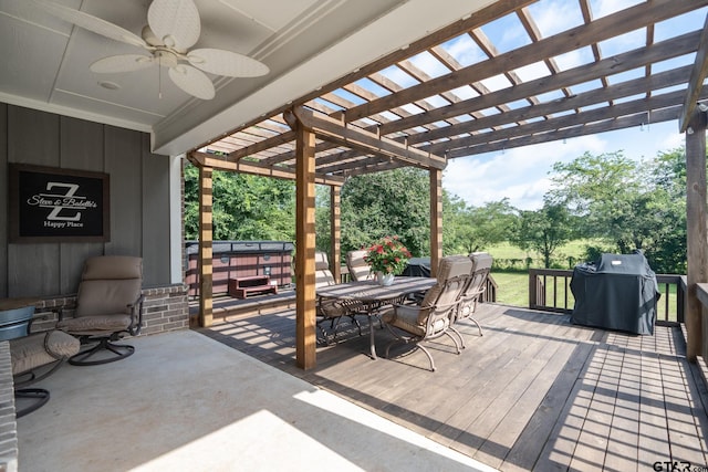 15348 C R 169, Tyler, TX 75703 - deck featuring a pergola, outdoor dining space, a grill, ceiling fan, and view of scattered trees
