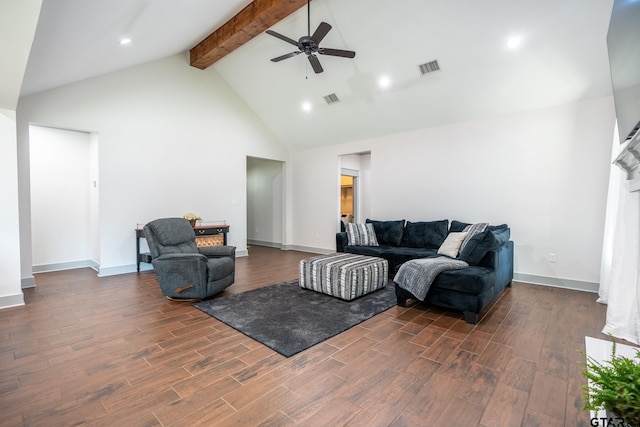 15348 C R 169, Tyler, TX 75703 - living room with a fireplace, beamed ceiling, a ceiling fan, high vaulted ceiling, and dark wood finished floors