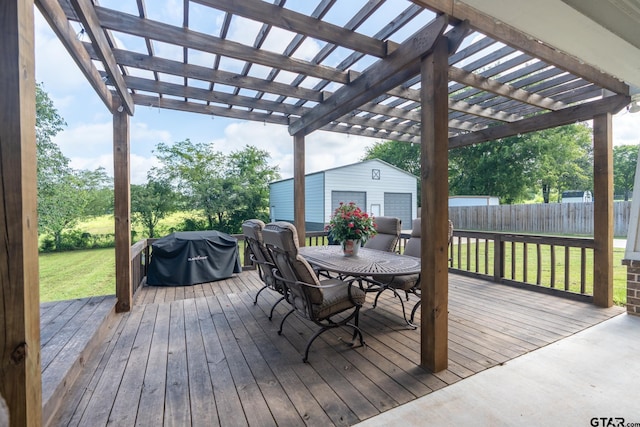15348 C R 169, Tyler, TX 75703 - wooden terrace with outdoor dining space, an outbuilding, grilling area, and a pergola