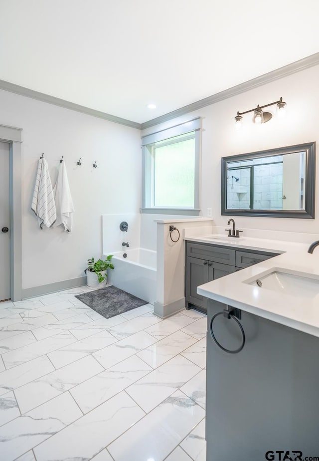 15348 C R 169, Tyler, TX 75703 - bathroom featuring double vanity, ornamental molding, a garden tub, and marble look tiles