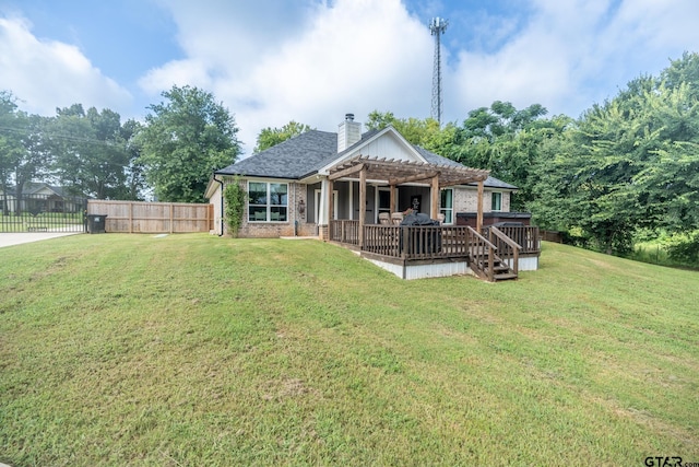 15348 C R 169, Tyler, TX 75703 - view of front facade with brick siding, a pergola, a chimney, and a wooden deck