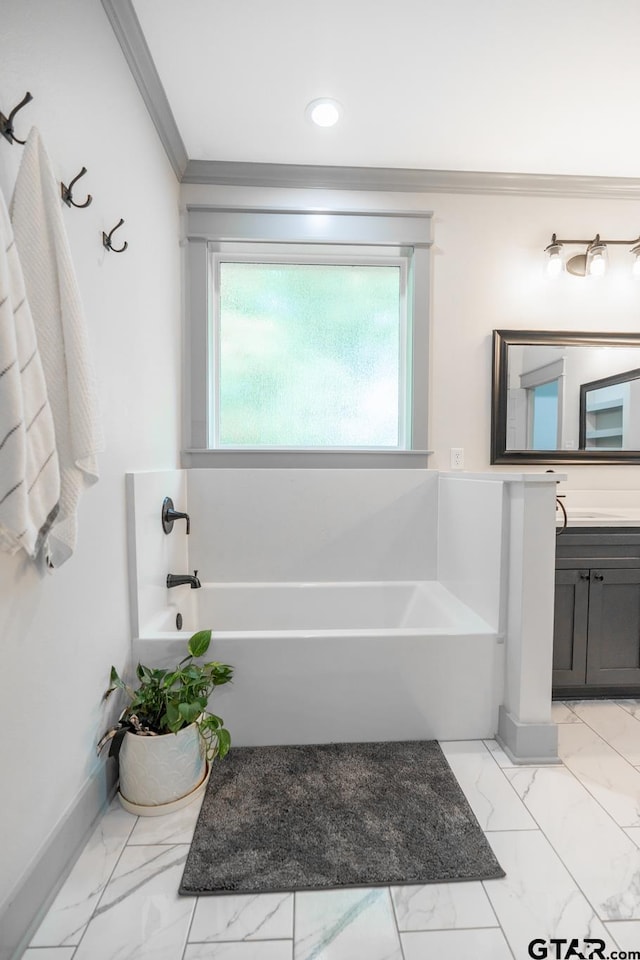 15348 C R 169, Tyler, TX 75703 - bathroom featuring vanity, a bath, marble finish floors, ornamental molding, and recessed lighting