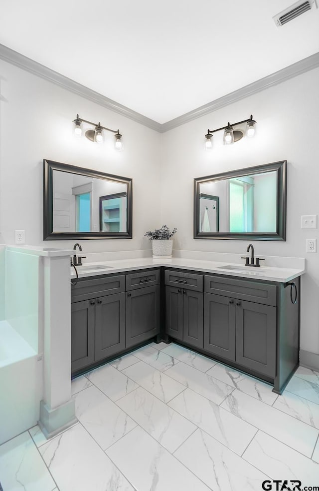 15348 C R 169, Tyler, TX 75703 - bathroom featuring double vanity, ornamental molding, marble finish floors, and a bath