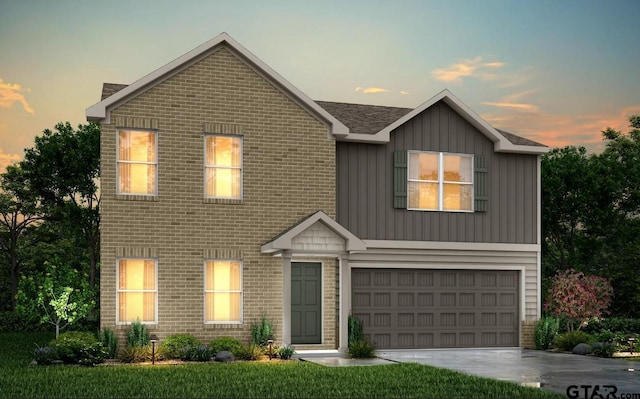 208 Parker Oaks Dr, Chandler, TX 75758 - view of front facade with concrete driveway, a garage, brick siding, and board and batten siding