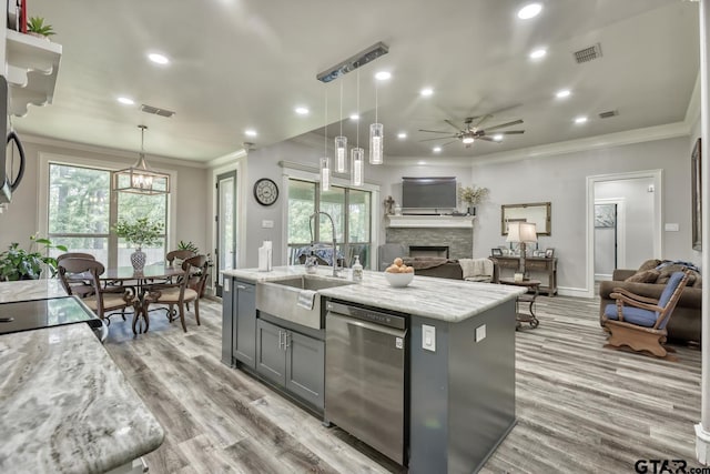113 Stuart St, Arp, TX 75750 - kitchen featuring open floor plan, gray cabinets, a stone fireplace, dishwasher, and crown molding