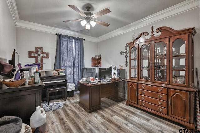 113 Stuart St, Arp, TX 75750 - office with a ceiling fan, ornamental molding, and light wood-style flooring