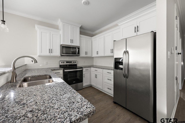 kitchen featuring decorative backsplash, white cabinetry, sink, and stainless steel appliances