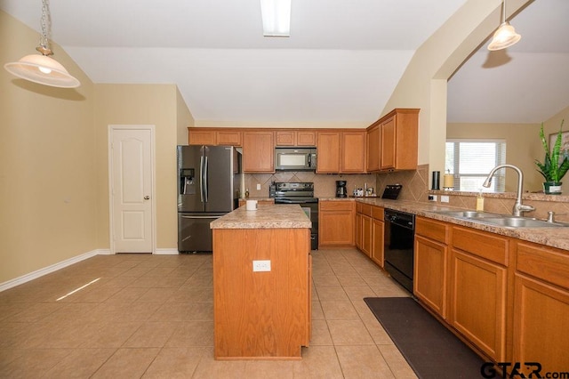 kitchen featuring a center island, sink, pendant lighting, lofted ceiling, and black appliances