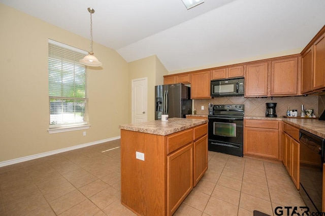 kitchen with a center island, tasteful backsplash, pendant lighting, lofted ceiling, and black appliances