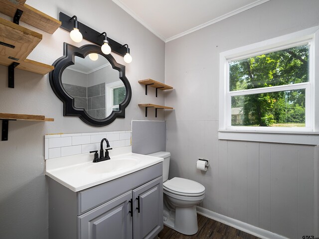 501 S Railroad St, Troup, TX 75789 - bathroom featuring wood finished floors, vanity, ornamental molding, wainscoting, and decorative backsplash
