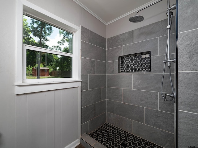 501 S Railroad St, Troup, TX 75789 - bathroom with a tile shower and crown molding