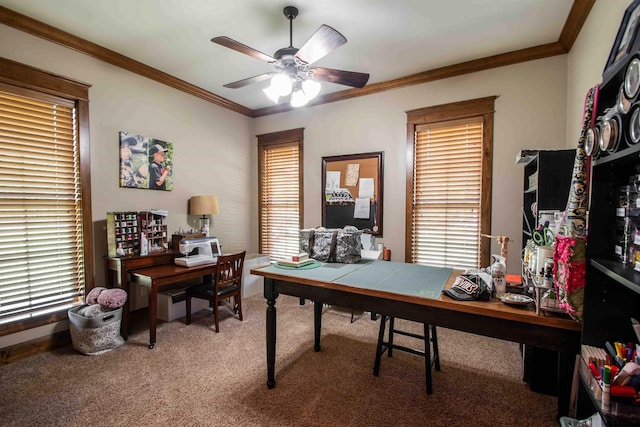 14647 County Road 2337, Tyler, TX 75707 - carpeted home office with crown molding, ceiling fan, and plenty of natural light
