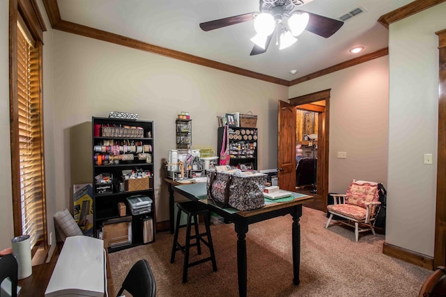 14647 County Road 2337, Tyler, TX 75707 - office area featuring ornamental molding, baseboards, a ceiling fan, and visible vents
