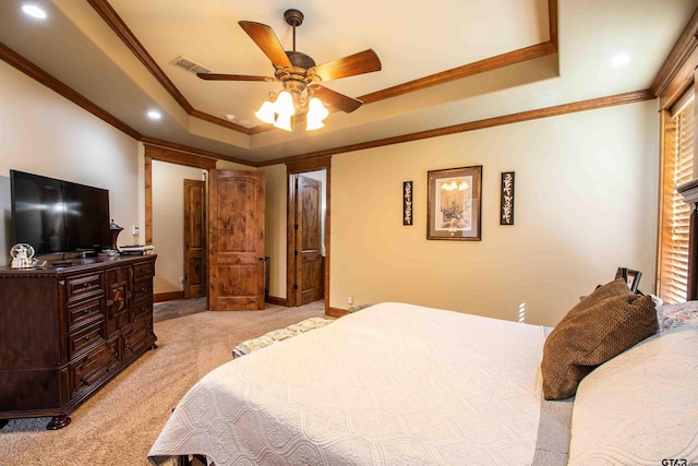 14647 County Road 2337, Tyler, TX 75707 - bedroom with baseboards, ornamental molding, light carpet, visible vents, and a tray ceiling