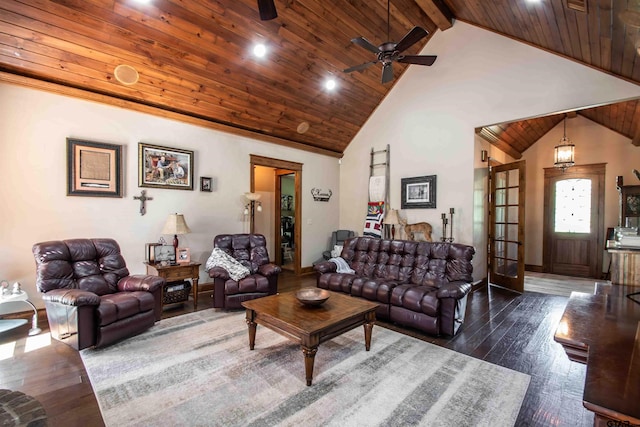 14647 County Road 2337, Tyler, TX 75707 - living area with dark wood finished floors, high vaulted ceiling, ceiling fan, and wood ceiling