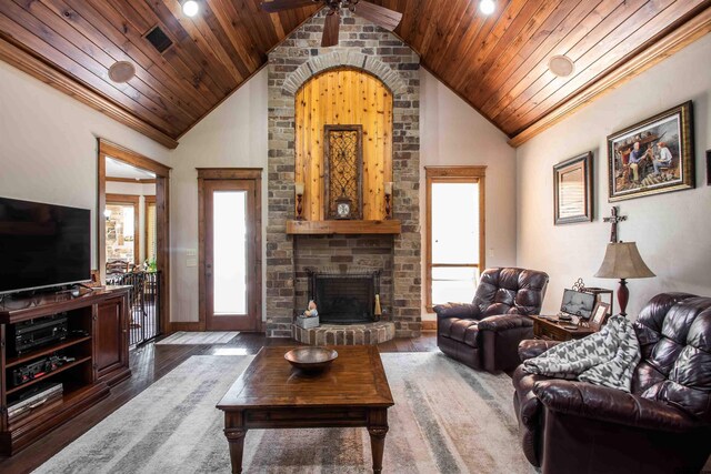 14647 County Road 2337, Tyler, TX 75707 - living room featuring wood ceiling, wood finished floors, a ceiling fan, and plenty of natural light