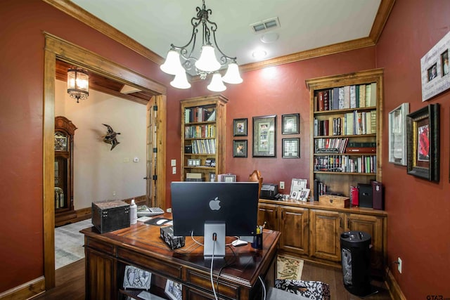 14647 County Road 2337, Tyler, TX 75707 - office area with visible vents, baseboards, an inviting chandelier, dark wood-style flooring, and crown molding