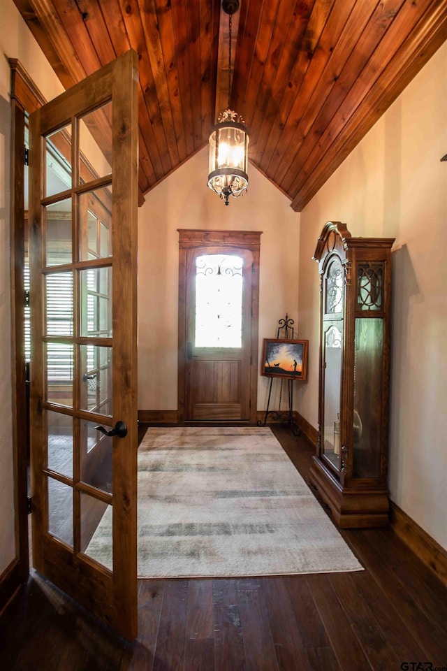 14647 County Road 2337, Tyler, TX 75707 - foyer with a chandelier, wooden ceiling, dark wood-style flooring, and vaulted ceiling