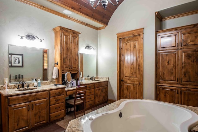 14647 County Road 2337, Tyler, TX 75707 - bathroom featuring crown molding, a bath, vanity, and vaulted ceiling
