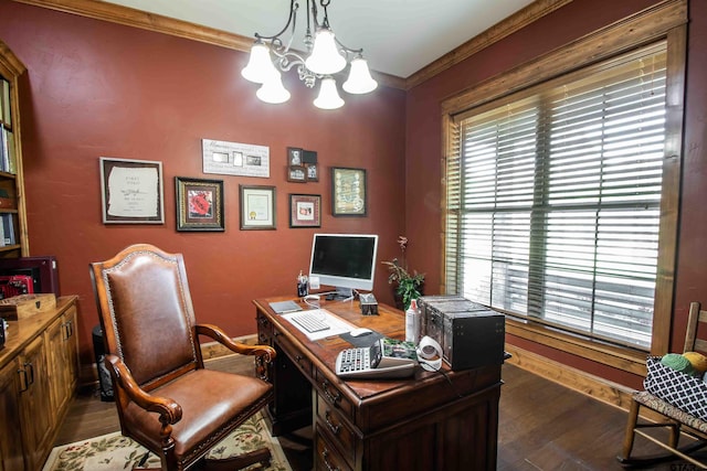 14647 County Road 2337, Tyler, TX 75707 - office space featuring crown molding, baseboards, a notable chandelier, and dark wood-style flooring